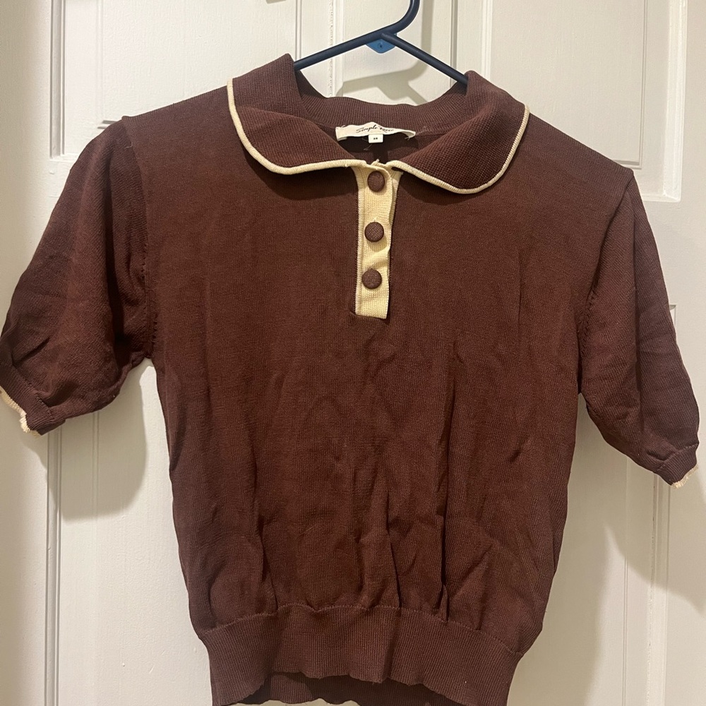 Simple Retro Brown Knit Polo Top with Cream Trim